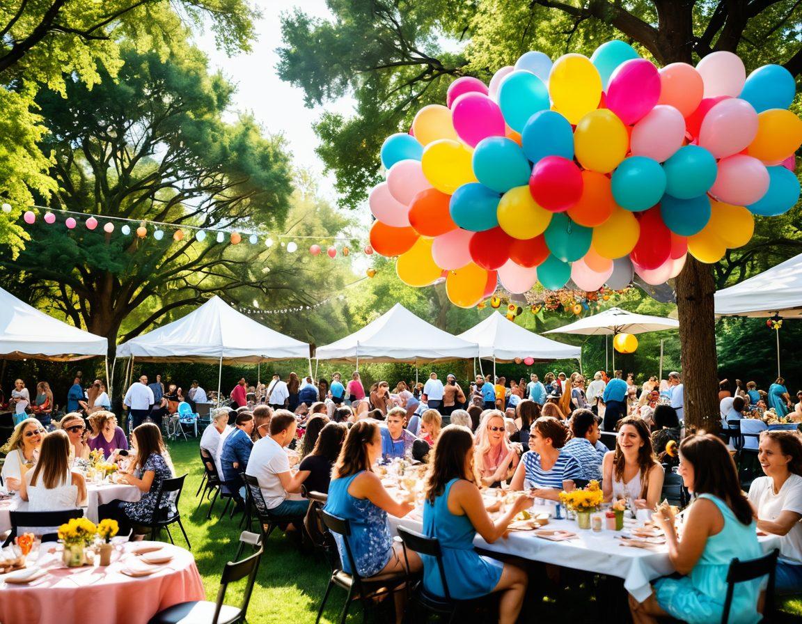 A whimsical scene of a vibrant, outdoor event filled with people laughing and enjoying themselves. Colorful balloons and decorations adorn the area, while tables are overflowing with delightful snacks and cheerful flowers. Sunlight filters through the trees, creating a warm and inviting atmosphere, with a diverse group of individuals engaging in playful activities. The overall vibe is joyful and energetic, capturing the essence of crafting uplifting experiences. bright colors. playful illustration. dreamy backdrop.