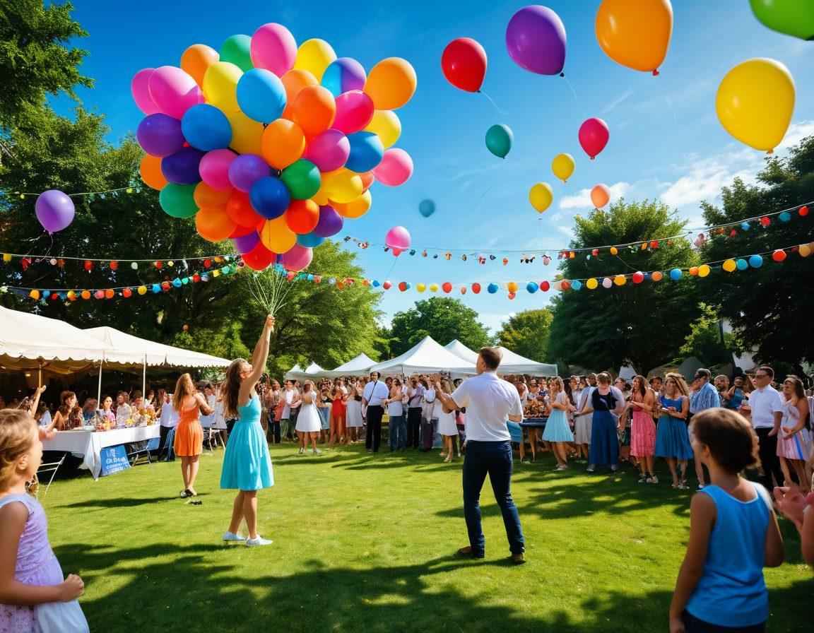 A vibrant scene depicting a lively outdoor event with colorful decorations, happy people engaging in various entertainment activities like juggling, dancing, and face painting. Include elements of music like a live band playing and children laughing. Bright balloons and fairy lights in the background add to the celebratory atmosphere. The setting is infused with a sunny sky and lush greenery. super-realistic. vibrant colors. festive atmosphere.