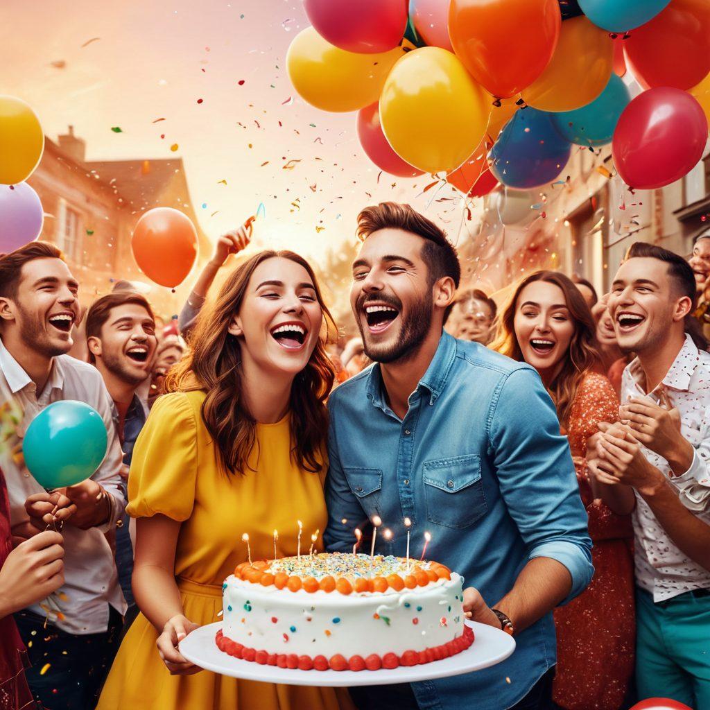 A colorful scene depicting a lively celebration with people laughing and enjoying engaging moments, surrounded by balloons and confetti. A joyful mix of traditional and modern elements like a cake and party props, capturing laughter and shared connections. Incorporate a sunset in the background to evoke warmth and nostalgia. bright colors. vibrant atmosphere. super-realistic.